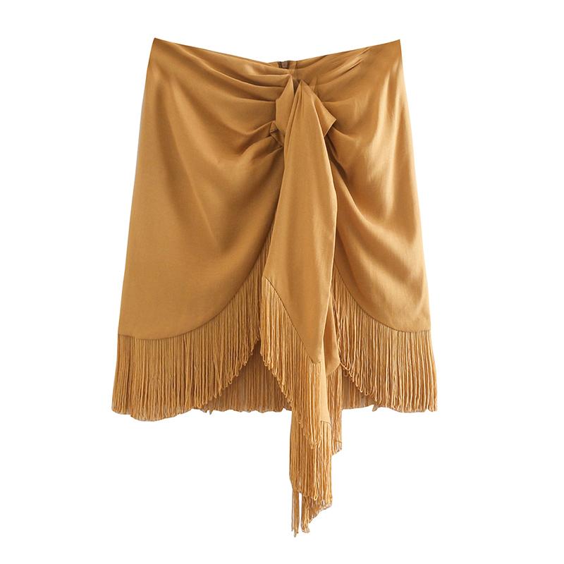 

ZOEPO Casual Skirts Women Fashion Asymmetrical Solid Knot Tassel Skirt Women Elegant Mini Skirts Female Ladies IP, Xqjsk9211