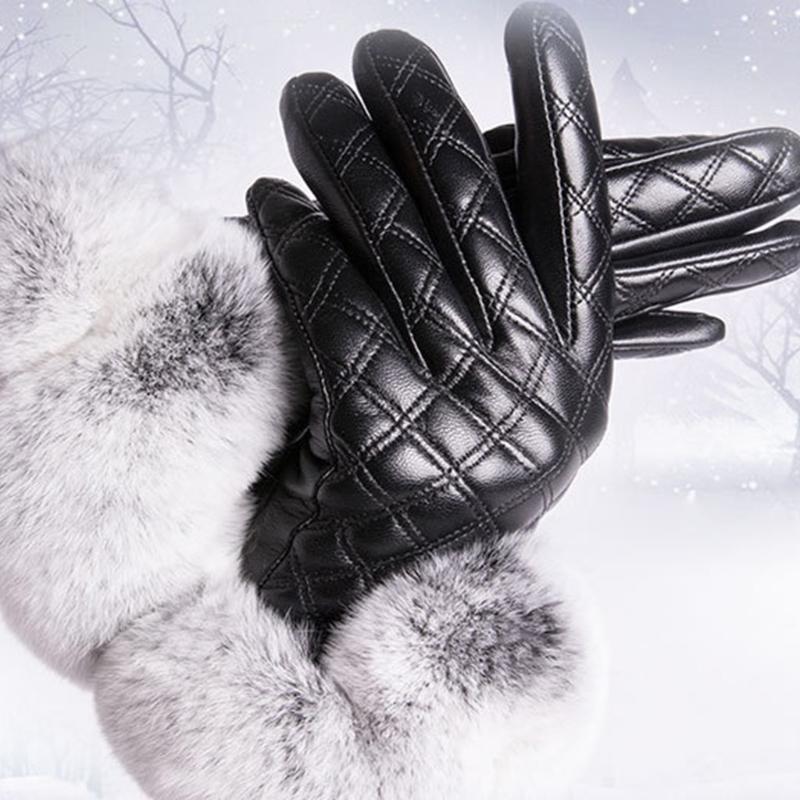 

Five Fingers Gloves Women Winter Artificial Leather Touch Screen Cute Furry Wrist Thicken Plush Lining Thermal Warm Texting Driving Full