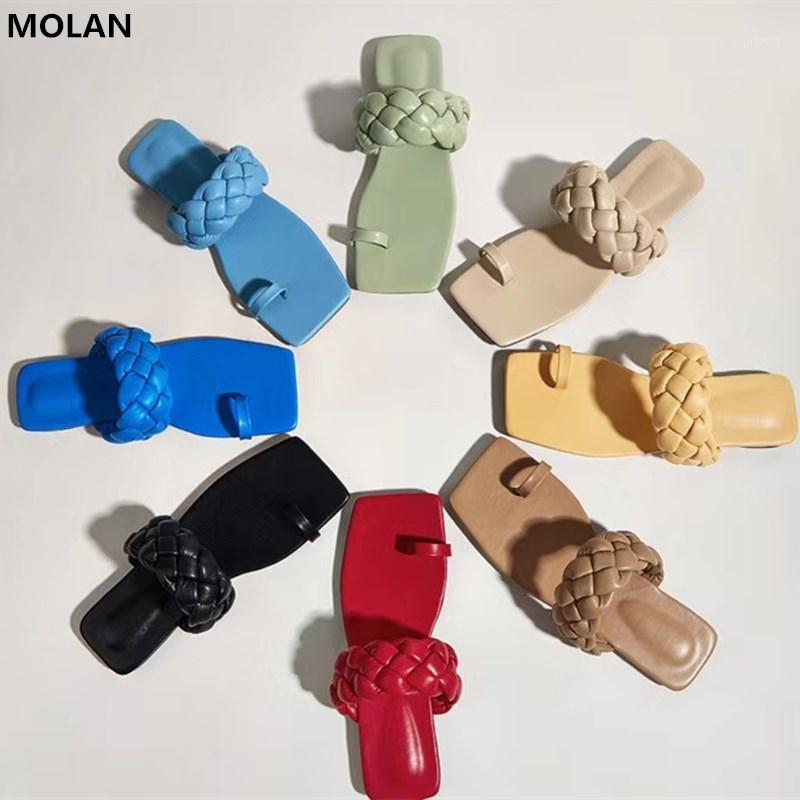 

Plus Size 35-41 Nine colors Good Leather Square Toe Fashion Twist Band Flat Slippers Mules Flip Flops Women Sandals Normal Size1, Blue