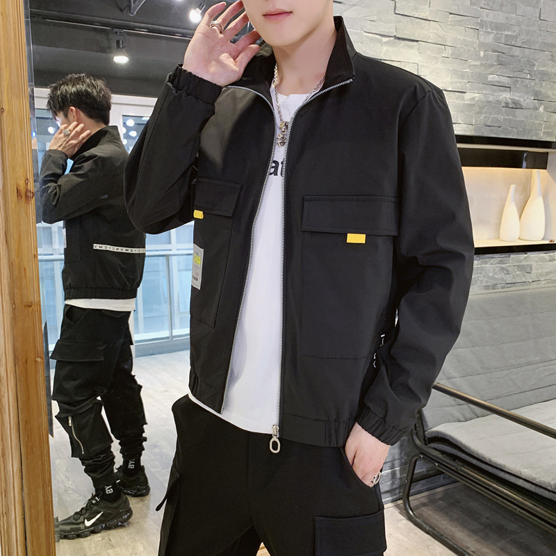 

2021 The New Size Big Autumn Trend Nice Casual Collar with Zipper Solid All-match Male Jacket Vi15, Blue of darkness