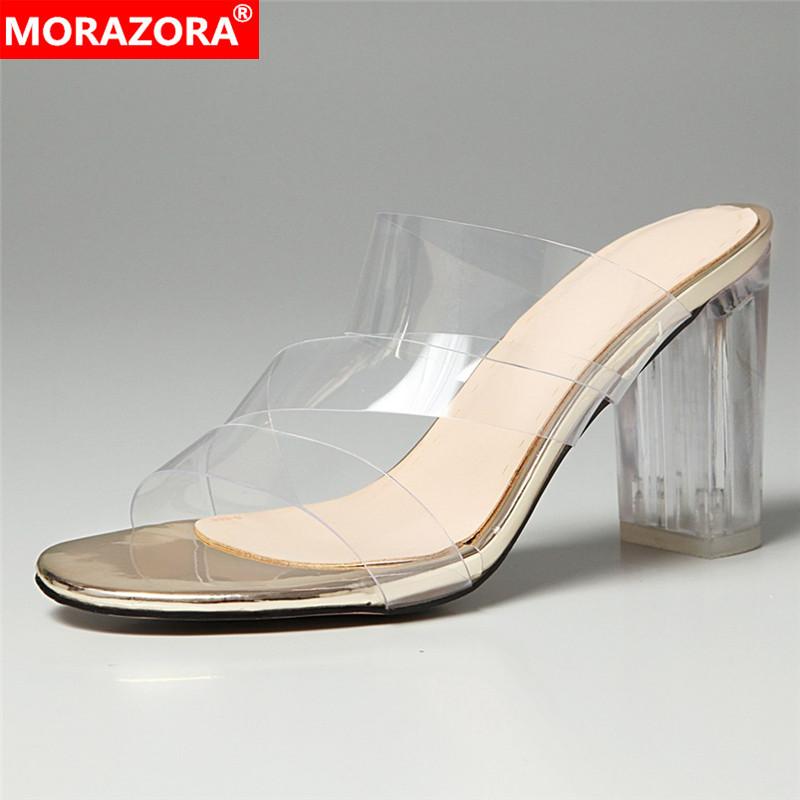 

MORAZORA Plus size 34-48 transparent women sandals square high heels party wedding shoes slip on fashion ladies shoes drop ship, White