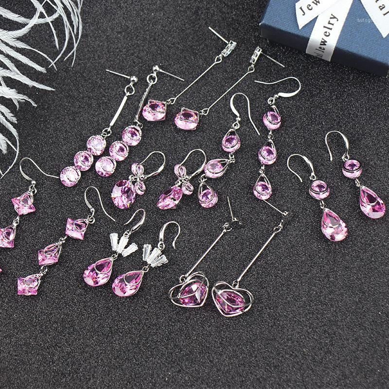 

Dangle & Chandelier JOUVAL Pink Water Drop Heart Crystal Hanging Earrings For Women Elegant Silver Color Long Female Korean Jewelry1