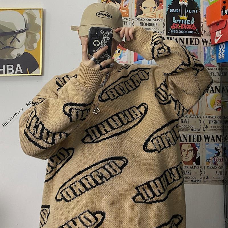

Autumn New Japanese Fashion Vintage Pullover Men Round Neck Letter Jacquard Acrylic Knitted Sweater Men and Women, Black