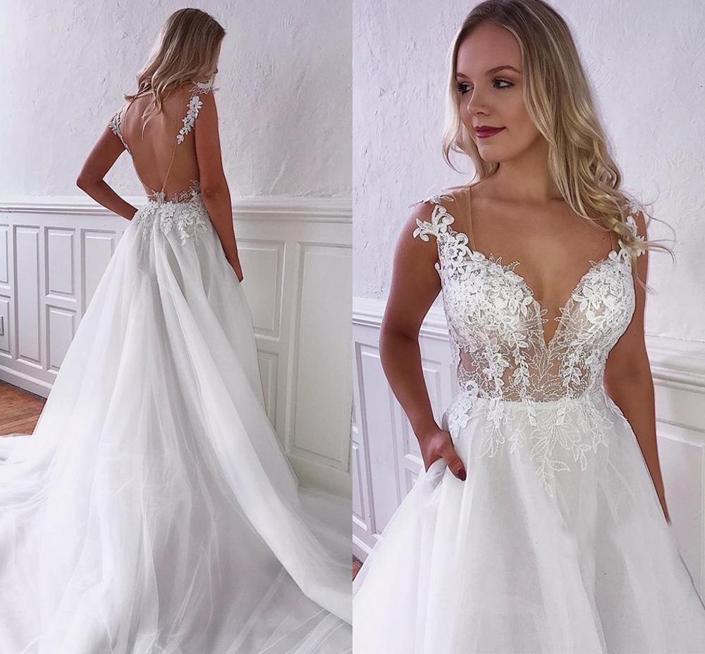 

2021 New White Wedding Gowns with Low-necked V-back Sweeping Train Apply Illusion Garden Country Dressed As Novice Bride R0A4, Ivory