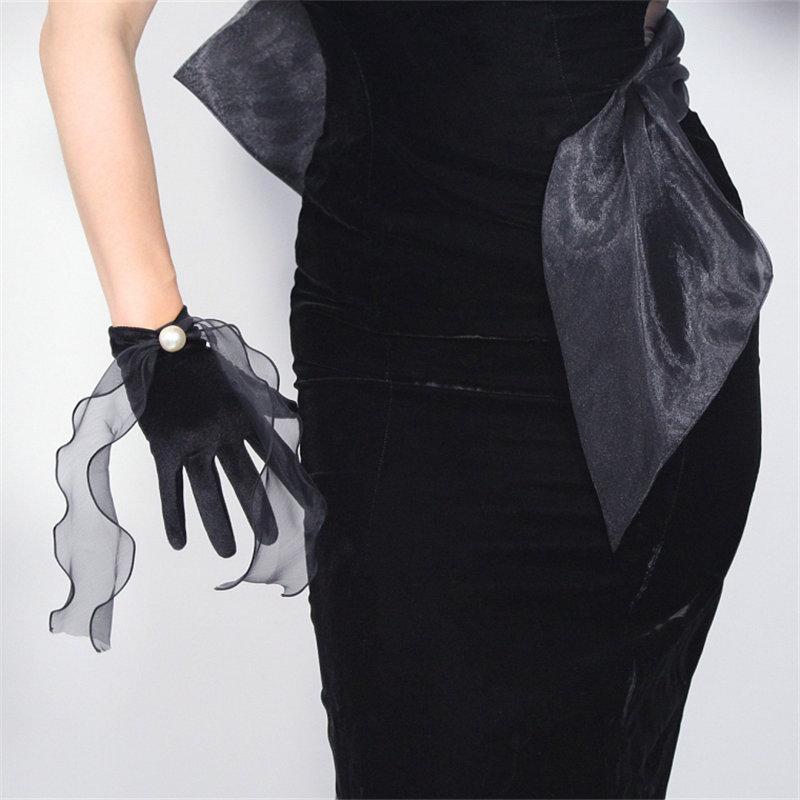 

Black Velour Short Gloves 22cm Transparent Wave Mesh Snow Yarn Ribbon Three-Dimensional Ribbon Big Pearl Female WSR18
