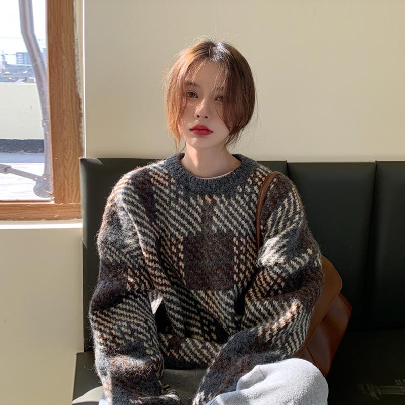 

New Korean Version Loose Retro Sweater Women' Autumn And Winter Lazy Style Pullover Long Sleeve Knitted Top, Gray