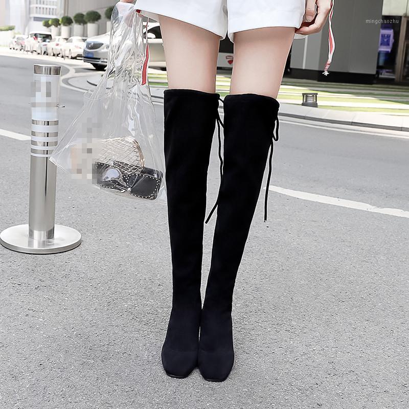 

YMECHIC 2020 Autumn Over The Knee High Boots Lace Up Hoof High Heels Flock Womens Chunky Block Heel Botas Shoes Woman Plus Size1, Black