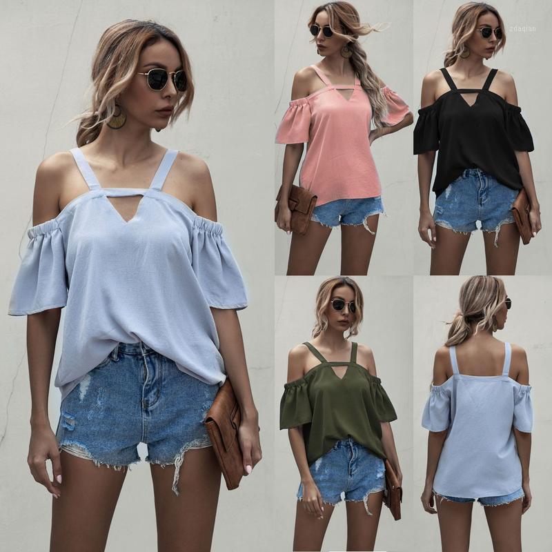 

Women' Summer Casual Solid Color V-Neck Halter Loose Cold Shoulder Bell Half Sleeve Shirt Pullover Strap Tops T-Shirt1, Black
