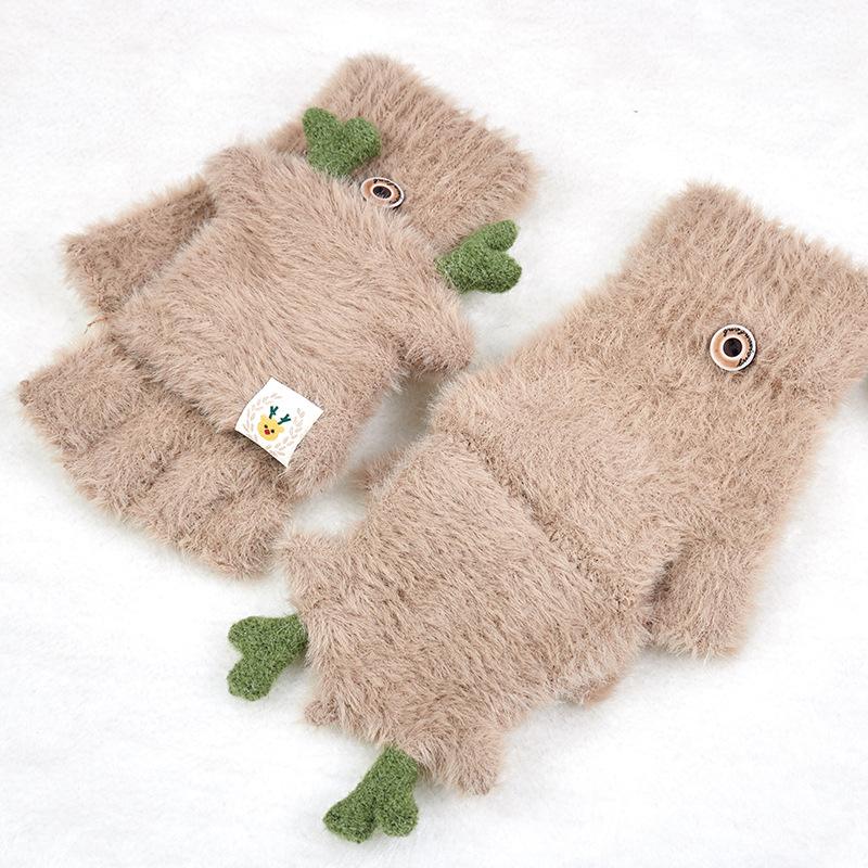 

Five Fingers Gloves Fur Elk Horn Women Winter Warm Plush Knitted Cartoon Antlers Flip Half Finger Mittens Outdoor