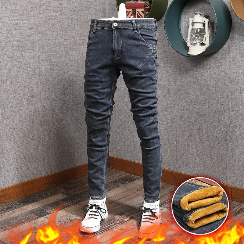 

2021 New Newly Winter Fashion Men Jeans Blue Gray Elastic Slim Fit Casual Denim Pencil Pants Designer Thick Velvet Warm Long Trousers Teso