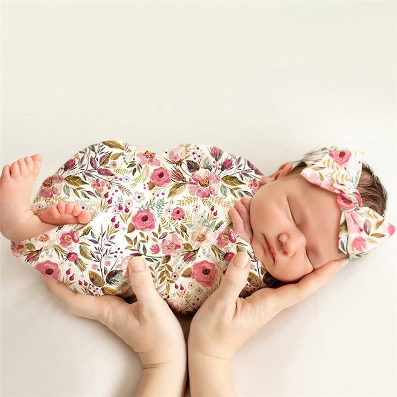 

Newborn Photography Props Baby Flowers Printed Swaddle Blankets and Headband 2 Pcs Set 80*80cm Infant Sleepsack Stroller Cover1
