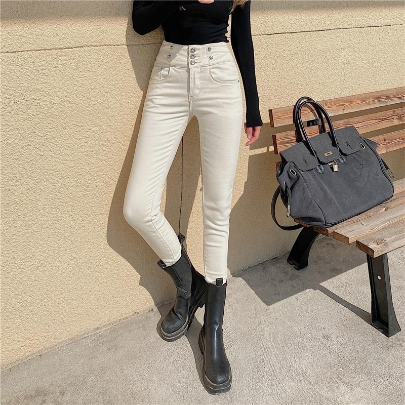 

White/Black Women Jeans Denim Pants 2021 Spring Female Sexy Elastic Stretch Skinny Pencil Trousers Women, Beige