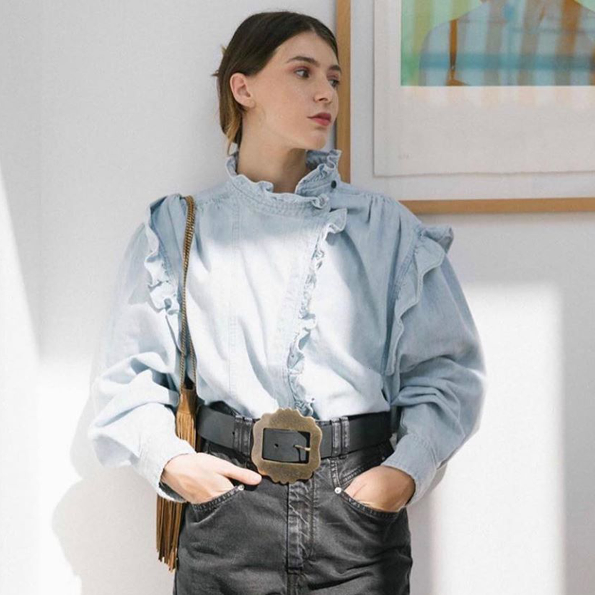 

New Ruffles Vintage Blue Blouse Women Spring Long Sleeve Ruffled Neck Button Cotton Shirts Femme Casual Retro Cozy Shirt Tops 2021 4pvf