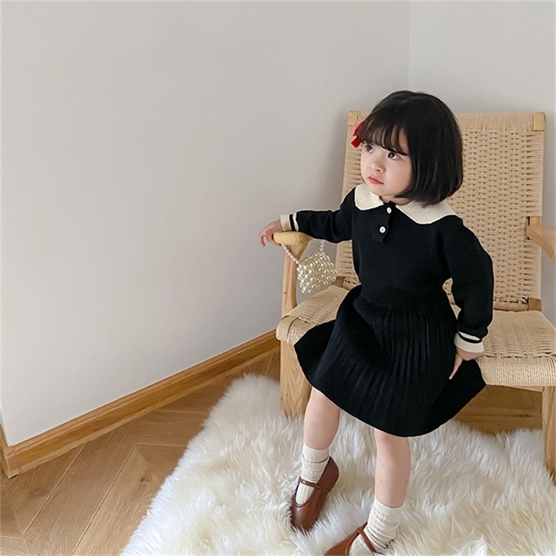 

Autumn girls fashion knitted clothes sets cute doll collar casual sweater and pleated skirt 2 pcs sets outfits 201031, Black