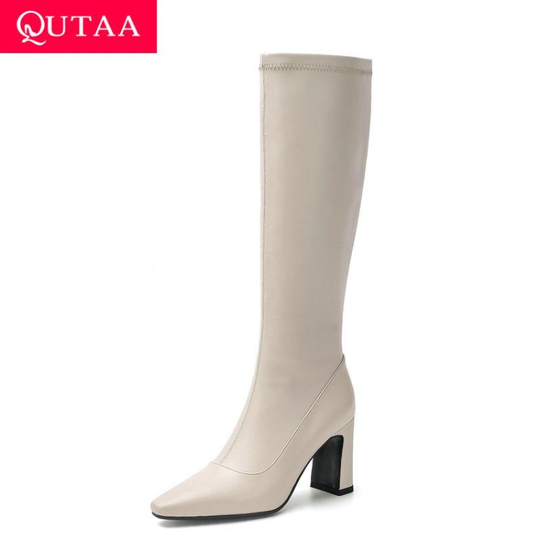 

QUTAA 2021 Knee High Women Boots Autumn Winter Pointed Toe Zipper Long Boots Cow Leather PU Square Heel Women Shoes Size 34-40, Beige