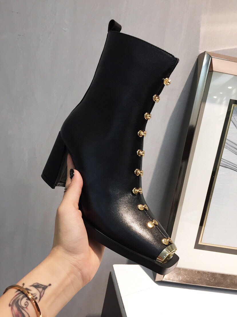 

2020 Classic single product luxury retro square toe short boots autumn and winter women's shoes designer high-heeled metal boots 34-40 EUR, Black