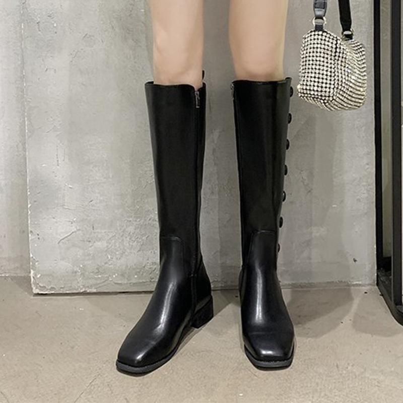 

Rimocy PU Leather Knee High Boots Women Retro Punk Short Plush Long Boots Woman Square Toe Heels Zip Button Shoes Mujer 2020, Black