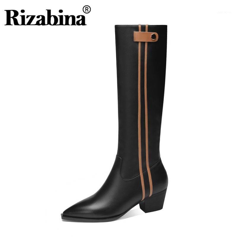 

RIZABINA Real Leather Knee High Boots For Women Keep Warm Fur Winter Shoes Women Pointed Toe Zipper Office Footwear Size 34-391, Beige
