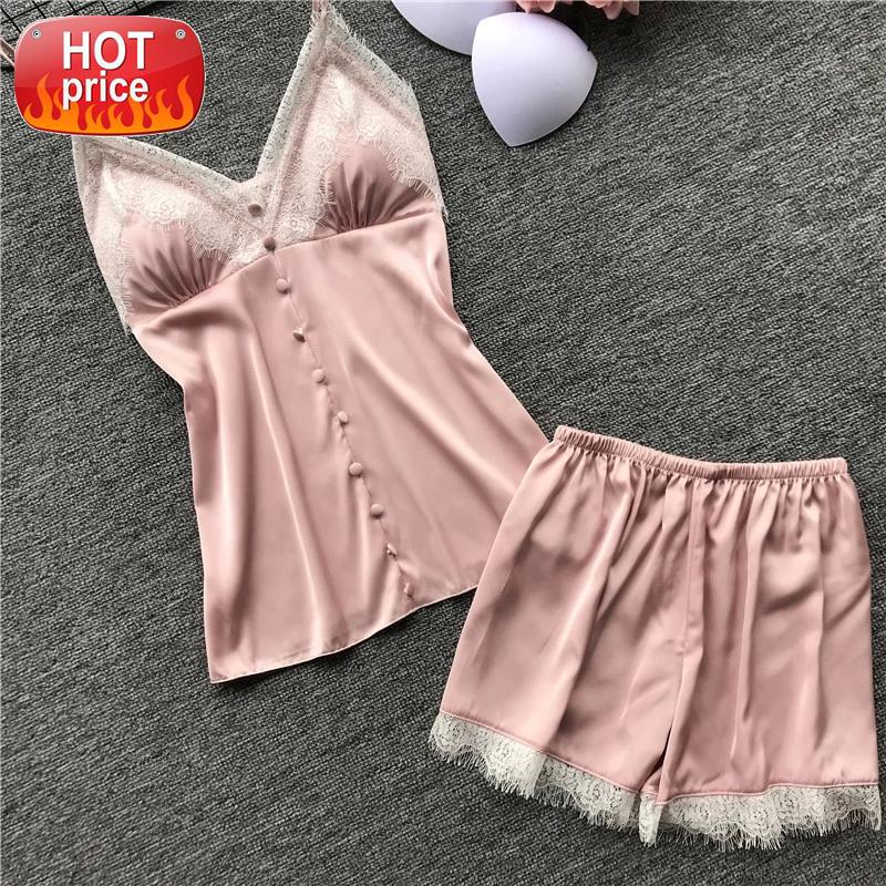 

Lace Spaghetti Strap Pajama Set Ice Silk with Chest Pad Twinset Lingerie Pajamas for Women Pijama Mujer Silk Pajamas for Women #NZ0T, Black;white