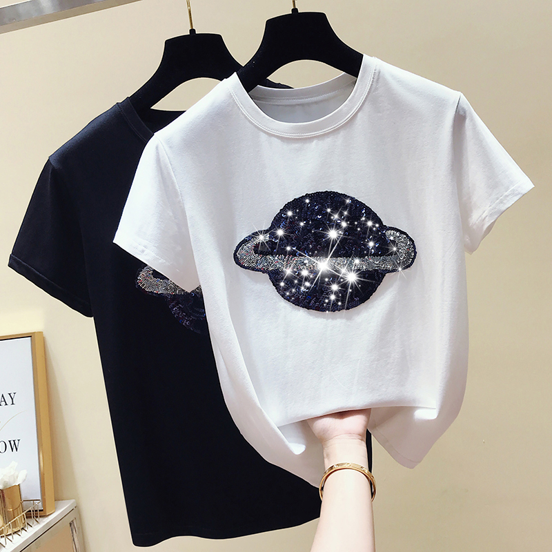 

gkfnmt Cotton White Tshirt Women Tops Sequin Fashion Short Sleeve Vintage Female T-shirt Casual Black Tee Shirt Femme Summer Y200412