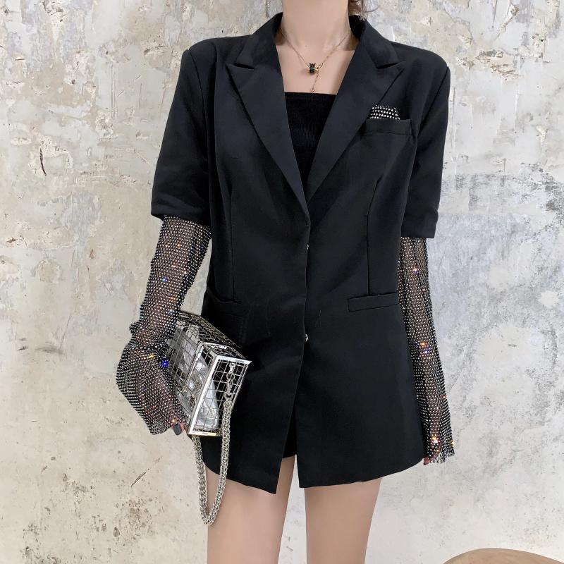 

Seiwnibu Summer Solid Blazer For Women Long Sleeve Diamond Patchwork Long Elegant Coat Female Fashion Clothing 2020 New1, Black