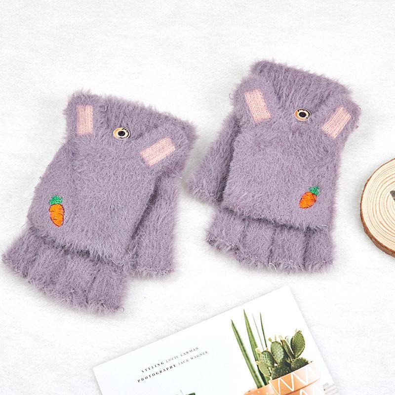 

Five Fingers Gloves Women Flip Half Finger Plush Cartoon Ears Carrot Touch Screen Driving Winter Warm Soft Fur Knit Mittens I39