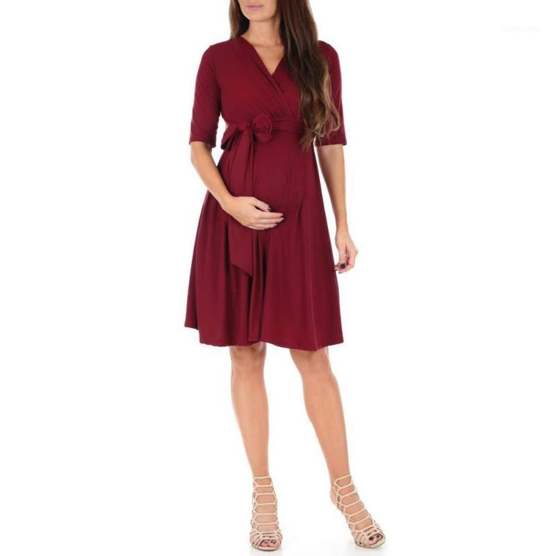 

2020 New Women's Solid Color Stitching Nursing Clothes Pregnant Women Dress Five-Point Sleeve V-Neck Dress Elegant Retro1, Red