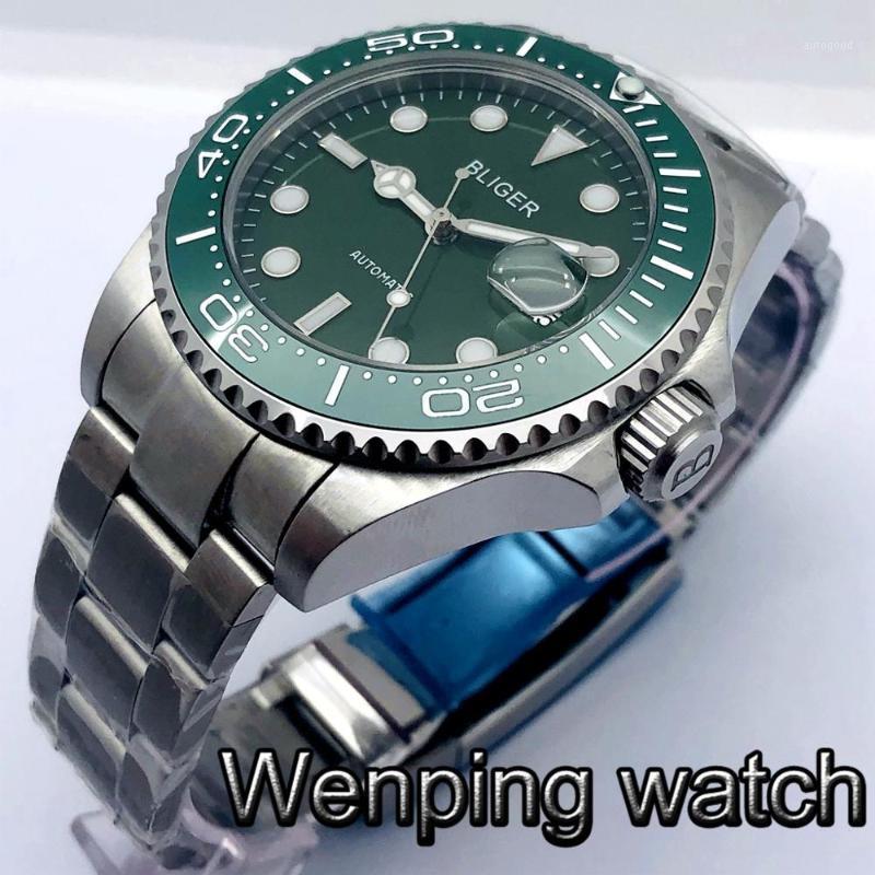 

Wristwatches Bliger 43mm Silver Case Sapphire Glass Ceramic Bezel Green Dial Japan NH35A Movement Men's Top Luxury Automatic Mechanical, No logo watch