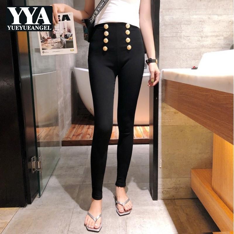 

Autumn Winter Women Double Breasted Trousers Style High Waist Skinny Black Pencil Pants High Street Office Lady Pants -XL, Black full length