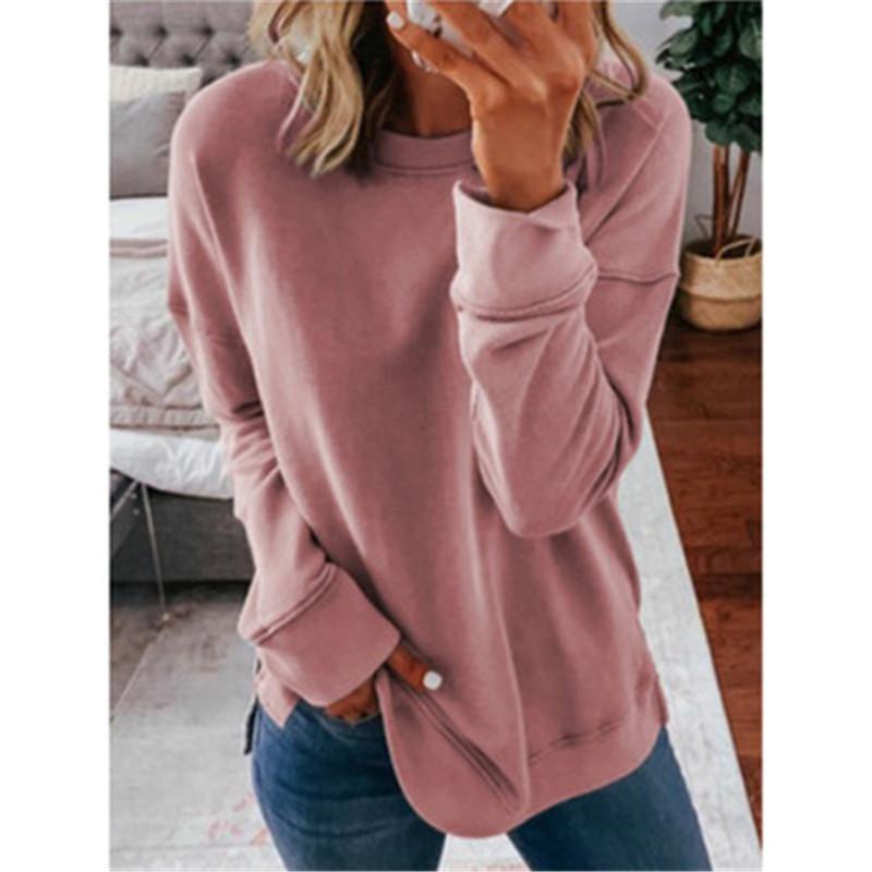 

2020 autumn and winter women's casual round neck loose solid color long sleeve t-shirt White, Black