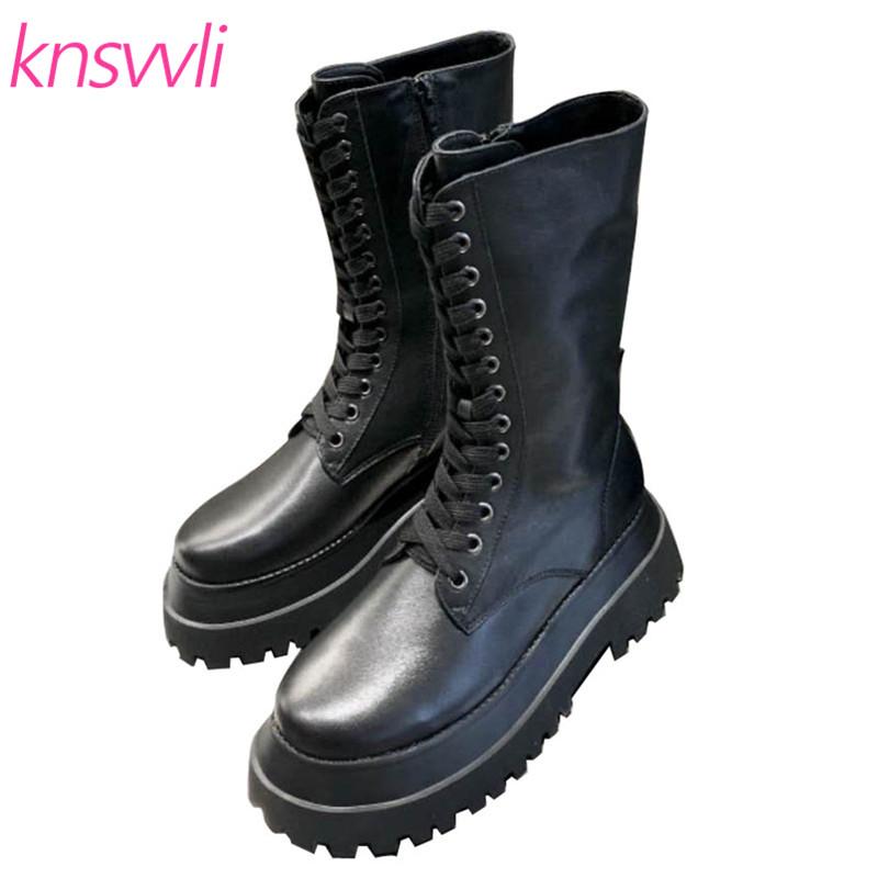 

Thick Sole Motorcycle Boots Women Lace Up Genuine Leather Short Boots Britain Style Platform Shoes Woman Casual Mid Calf, Black