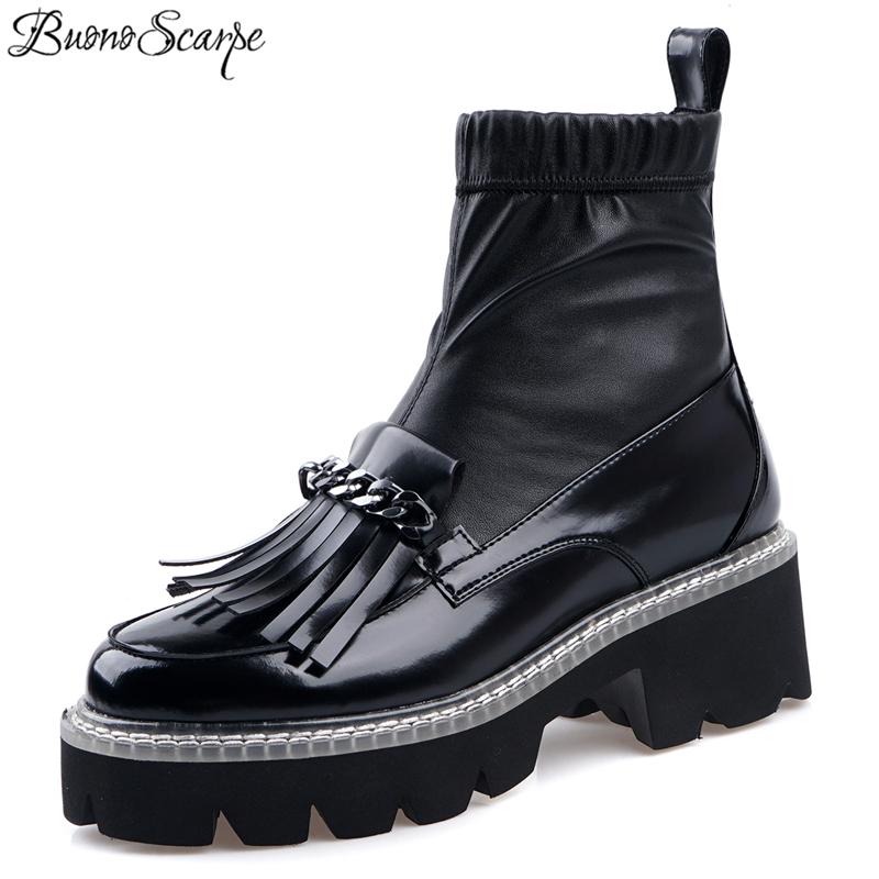

Buono Scarpe Metal Chains Women Ankle Boots Elastic Tassels Short Boots Platform Black Punk Shoes Mujer Ladies Socks 2021