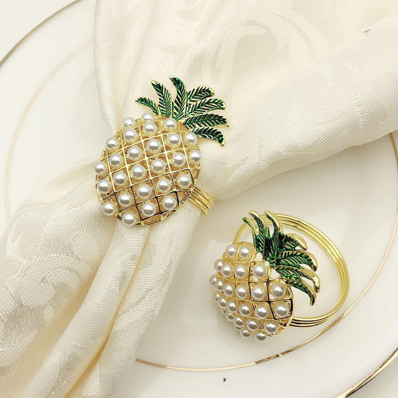 

6Pcs Cute Napkin Rings Pineapple Shape Pearl Beaded Shining Gold Christening Bangle Metal Wedding Gift Party Supplies1