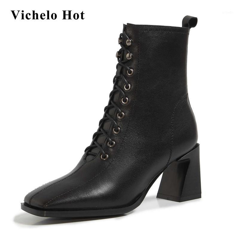 

Vichelo Hot european style natural leather gentlewomen personality square toe thick high heel zipper noble model ankle boots L011, Black