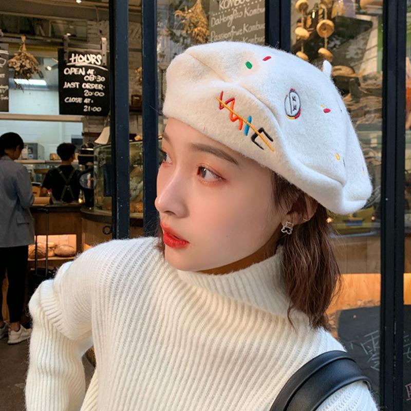 

Women's Autumn And Winter Fun Color Letter Embroidery Woolen Beret Jewelry, As pic