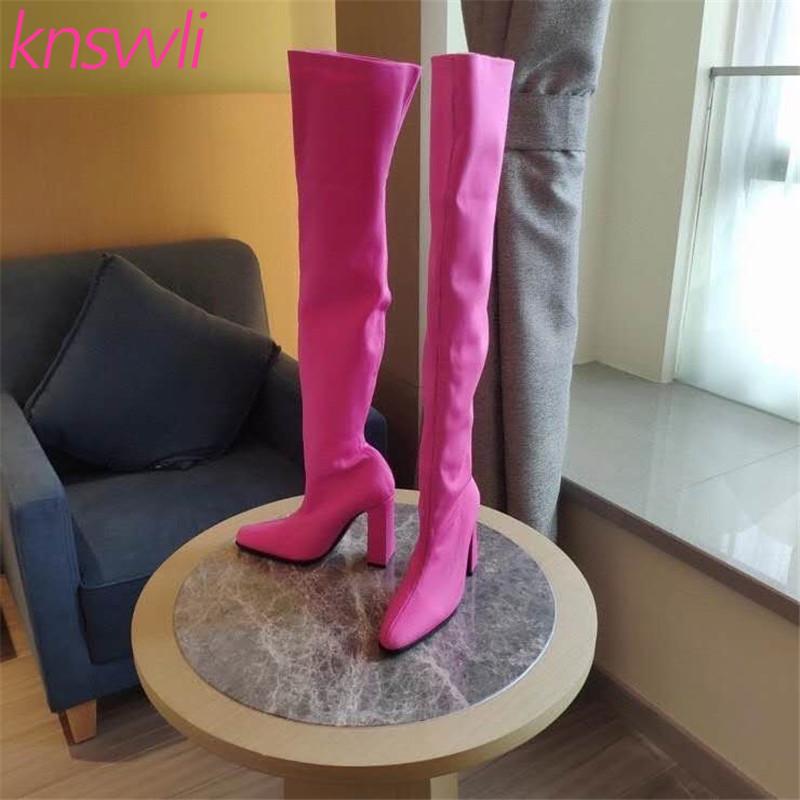 

Chunky High Heels Over The Knee Boots Women Satin Stretch Long Boots Brand Runway Party Shoes Woman Fashion Zapatillas Mujer, Rose red short boots