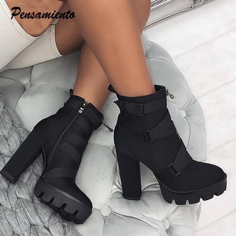 

2020 Winter Women motorcycle boots Fashion Platform wedge Zip Ankle boots Thick heeled Chunky Shoes Female High heels Warm1, Black
