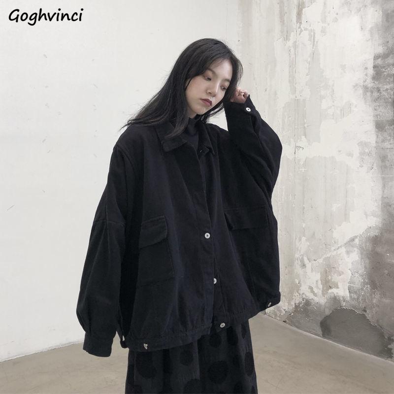 

Women Basic Jackets Autumn Coat Black Loose Casual Stand Collar Single Breasted Button Baseball Female Harajuku Vintage Ulzzang