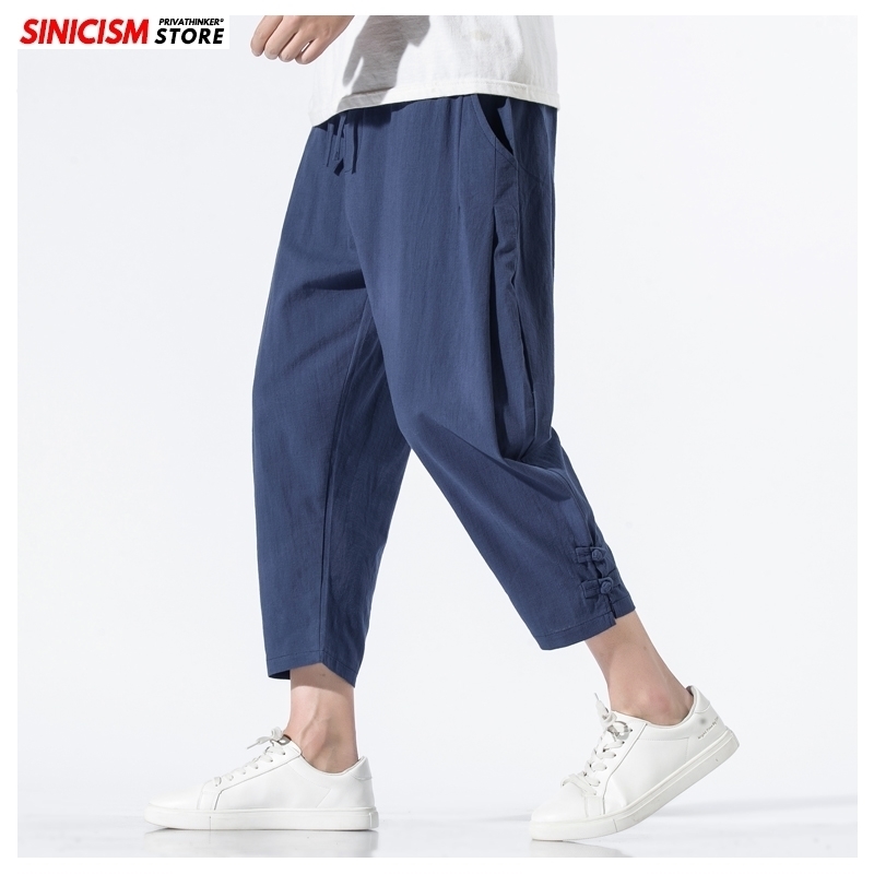 Sinicism Store Men Solid Summer Beach Pants Men's Cotton Linen Trousers Male Oversize Chinese Style Calf-Length Pants 5XL 201116