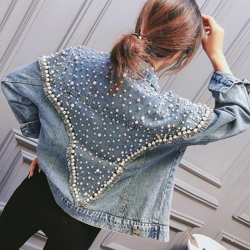 

Woman Autumn Jacket New Women's Korean Version Fashion Shoulder Beaded Long-sleeved Denim Jacket Female Jean Casual Denim, Style1