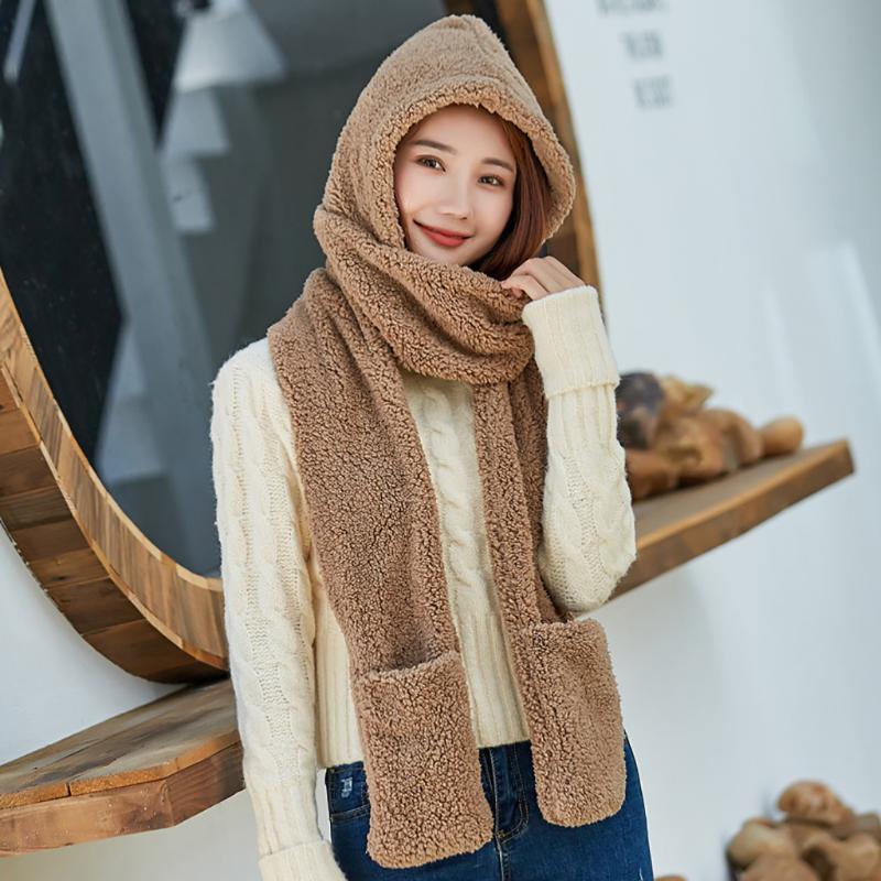 

Beanie/Skull Caps Hooded Scarf Hat Glove Women Cute Thick Ear Protectors Warm Plush Gloves Setecharpe Femme Hiver, Bg