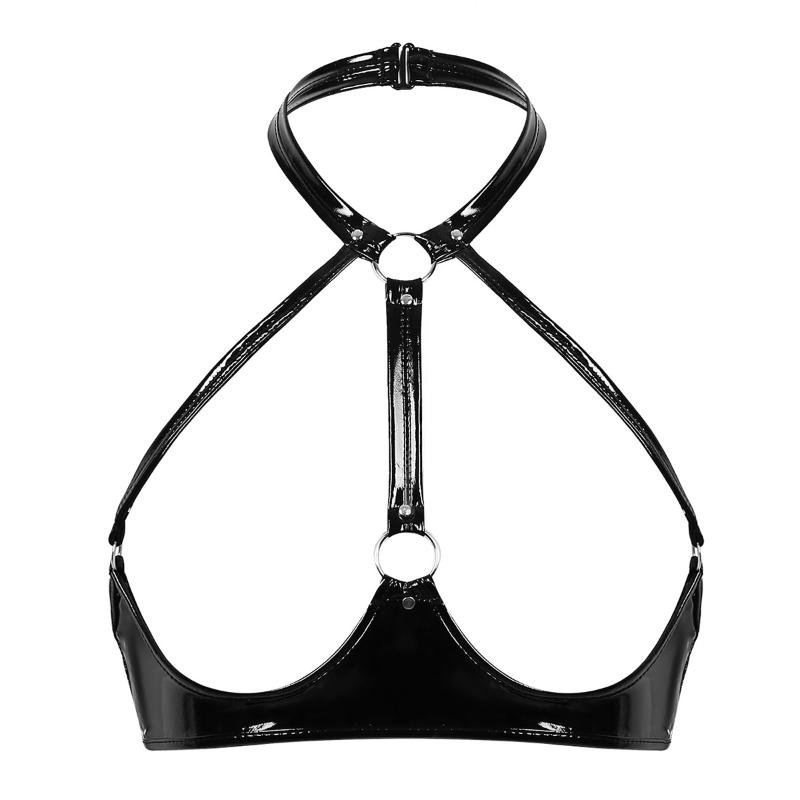 

New Arrival Sexy Women's Exposed Breasts Nipples Bra Lingerie Latex Leather Sleeveless Halter Buckled Wire-free Open Cup Bra Top, Black
