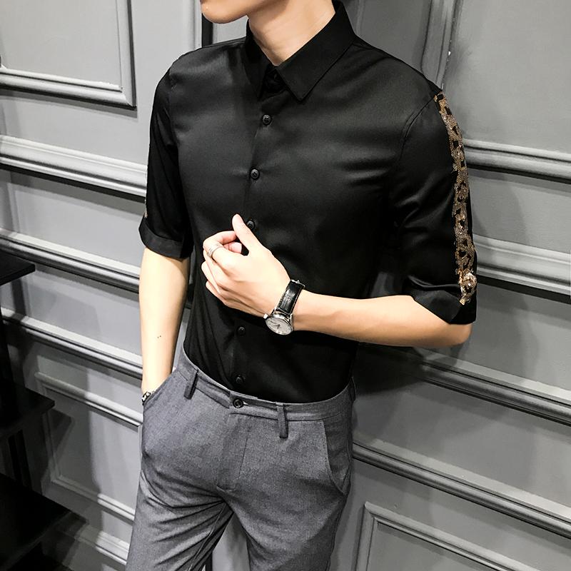 

Social Blouse Streetwear Camisa Masculina 2020 Summer Casual Men Shirt Leopard Stitching Half Sleeve Shirt Slim Work Tide, Black