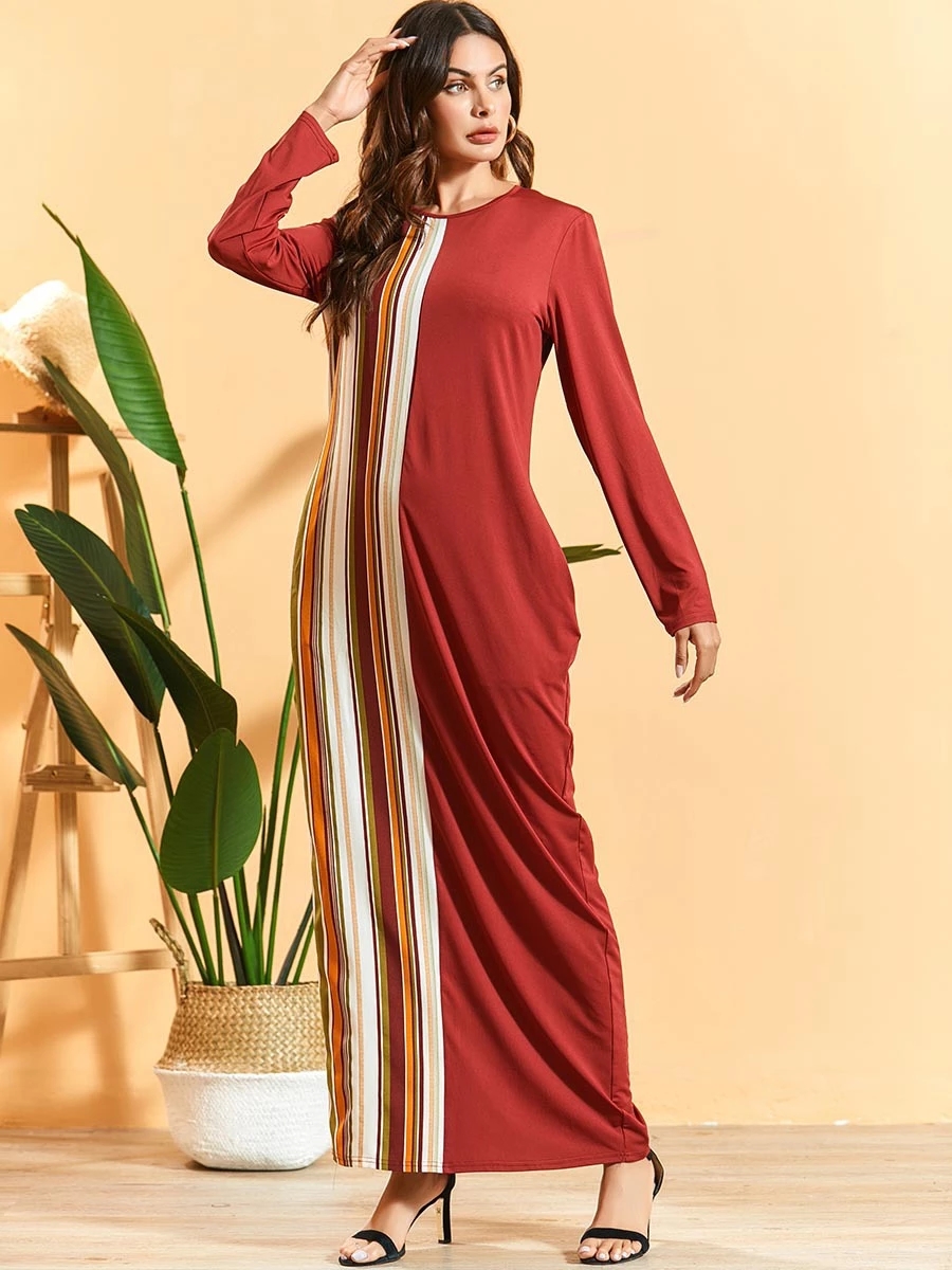 

Long Sleeve Dress Autumn 2020 New Stripe Contrast Color patckwork Maxi Dresses Casual Knitted Msulim Arab Clothing Red