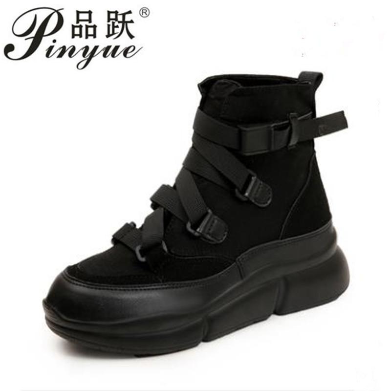 

Spring Autumn Ankle Boots Women Platform Boots Rubber Sole Buckle Black Leather PU High Heels Shoes Woman Comfortable