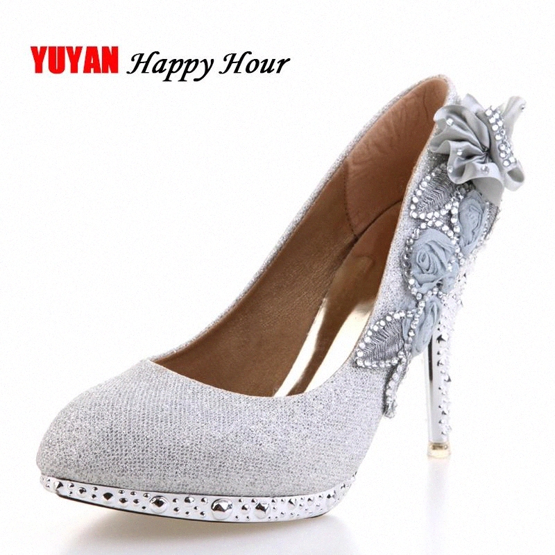 

New 2020 Women's Pumps Fashion Shoes Women High Heels Rhinestone Flower Shoes Sexy High Heel Bridal Wedding Plus Size 40 #V814, Gold