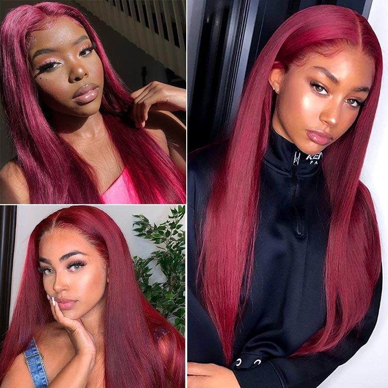

Silky Straight 99j Burgundy 100% 13x6 Lace Front Human Hair Wigs with Baby Hair Full Lace Wigs for Black Women Natural Hairline, Black;brown