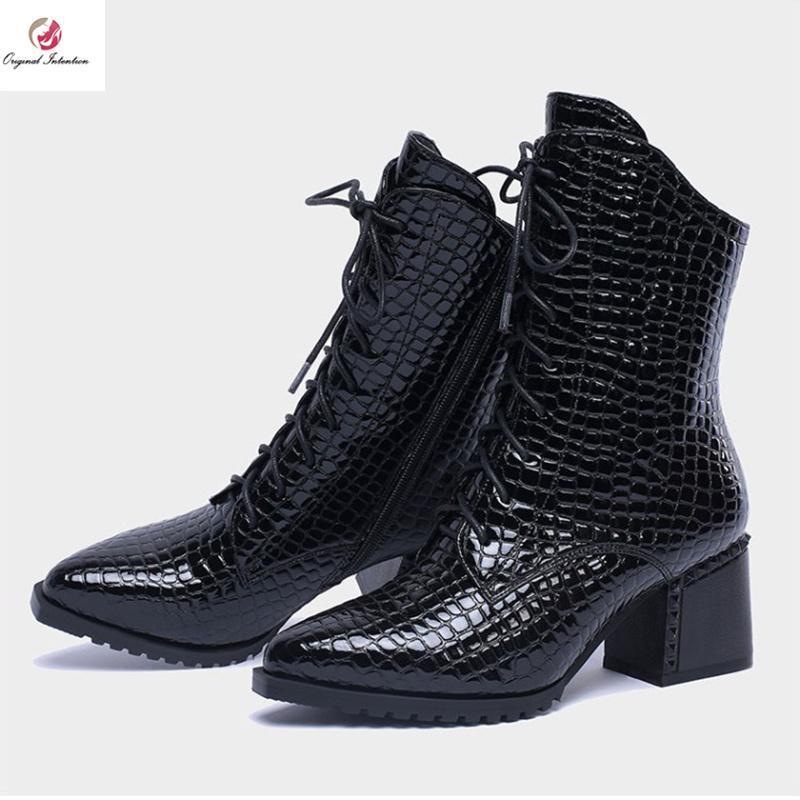 

Original Intention Patent Leather Ankle Boots Woman Winter Boots Square Heels Pointed Toe Shoes Woman Lace-up Warm Shoes1, Oi1492 black
