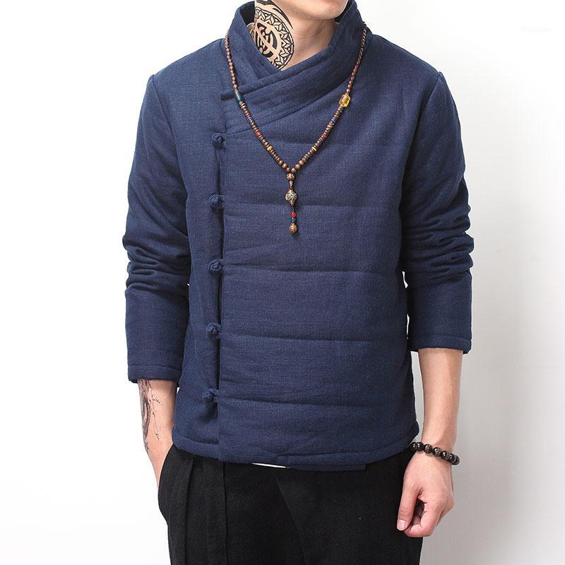

Wholesale- Chinese Style Vintage Winter Coat Men Wadded Jacket Buddhism Outerwear Oblique Placket Buttons Parka Khaki Blue Black Color1 Men'