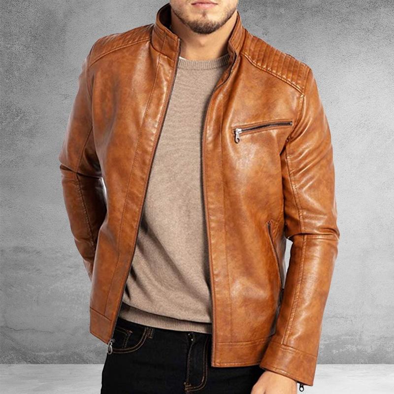 

Autumn Winter Men Solid Color Jacket Men's Fit Jacket Zipper Casual PU Coat Casual Pocket Coat, Coffee